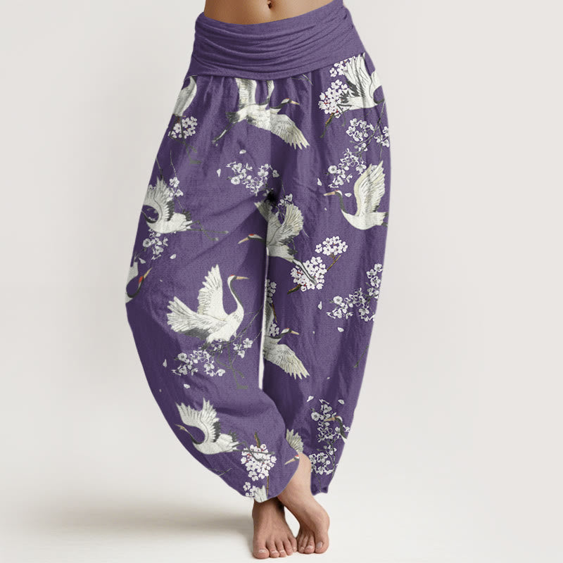 Pantalones bombachos de cintura elástica para mujer, de algodón, estilo casual elegante, con estampado de grullas y flores, con piedras de Buddha Stones. - Morado medio - US22，UK/AU26，EU54 (6XL) - image 7