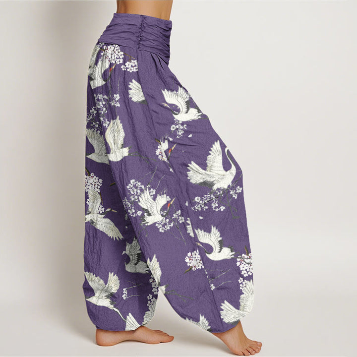 Pantalones bombachos de cintura elástica para mujer, de algodón, estilo casual elegante, con estampado de grullas y flores, con piedras de Buddha Stones. - image 8