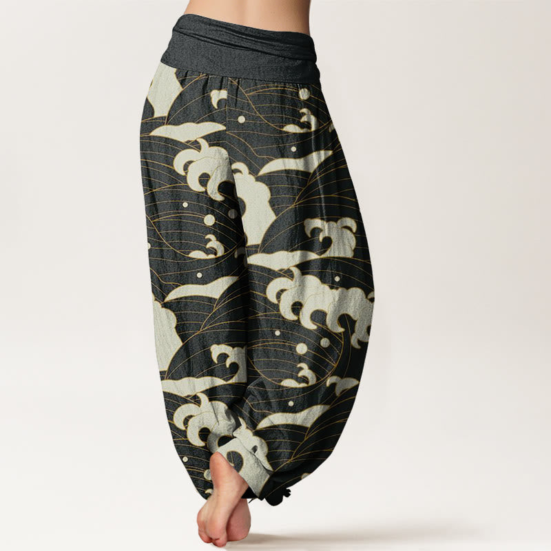 Pantalones bombachos de mujer con cintura elástica, estampado abstracto de ondas y estilo casual en algodón con Buddha Stones . - image 2