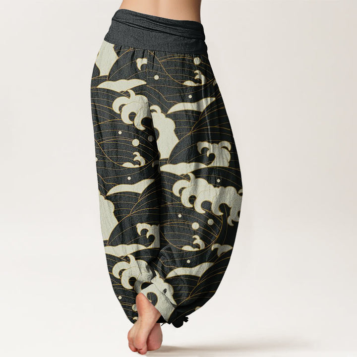 Pantalones bombachos de mujer con cintura elástica, estampado abstracto de ondas y estilo casual en algodón con Buddha Stones . - image 2