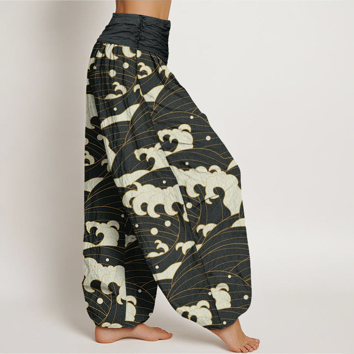 Pantalones bombachos de mujer con cintura elástica, estampado abstracto de ondas y estilo casual en algodón con Buddha Stones . - image 1