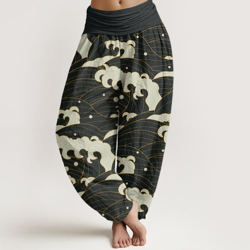 Pantalones bombachos de mujer con cintura elástica, estampado abstracto de ondas y estilo casual en algodón con Buddha Stones . - Negro - US22，UK/AU26，EU54 (6XL) - image 0