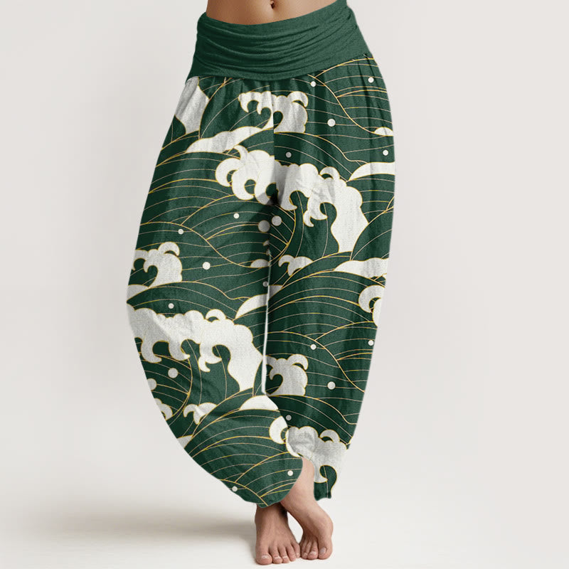 Pantalones bombachos de mujer con cintura elástica, estampado abstracto de ondas y estilo casual en algodón con Buddha Stones . - Verde - US22，UK/AU26，EU54 (6XL) - image 4