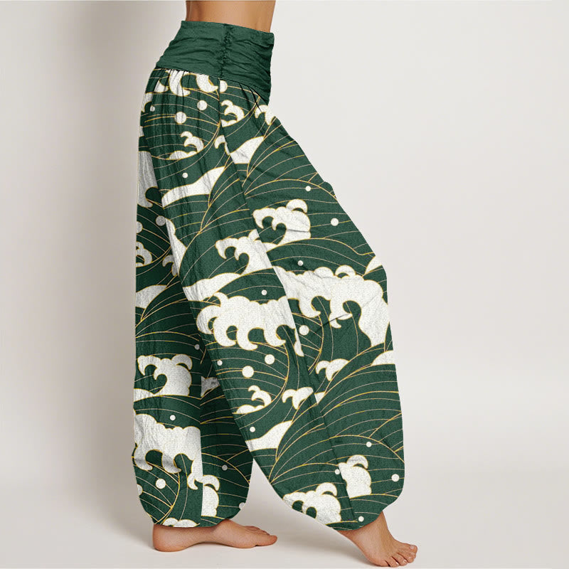 Pantalones bombachos de mujer con cintura elástica, estampado abstracto de ondas y estilo casual en algodón con Buddha Stones . - image 5