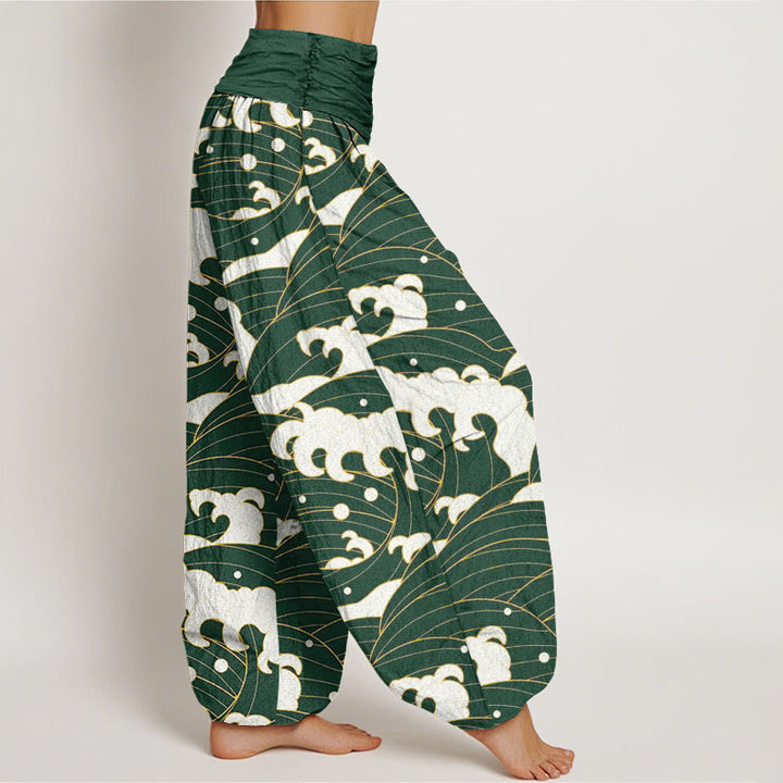 Pantalones bombachos de mujer con cintura elástica, estampado abstracto de ondas y estilo casual en algodón con Buddha Stones . - image 5
