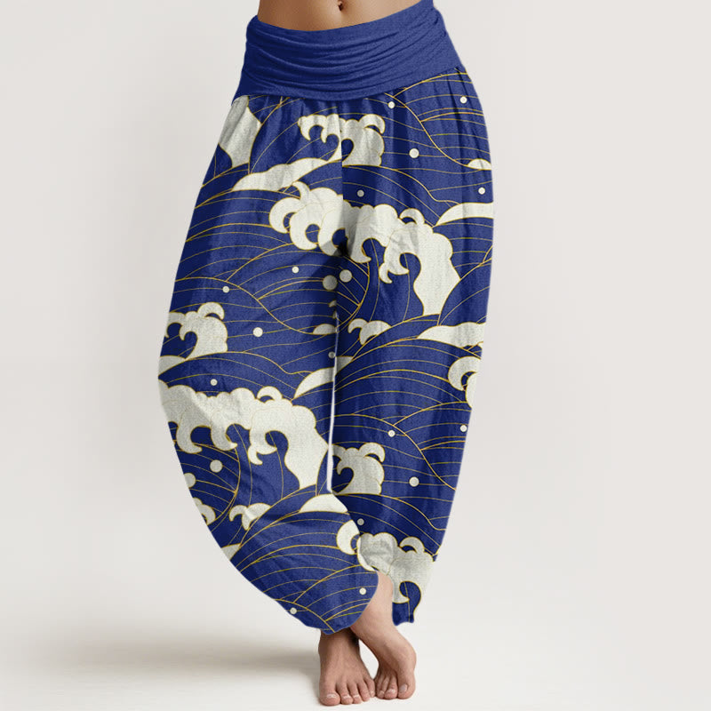 Pantalones bombachos de mujer con cintura elástica, estampado abstracto de ondas y estilo casual en algodón con Buddha Stones . - Azul medio - US22，UK/AU26，EU54 (6XL) - image 7