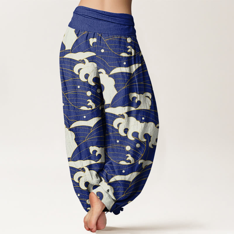 Pantalones bombachos de mujer con cintura elástica, estampado abstracto de ondas y estilo casual en algodón con Buddha Stones . - image 9