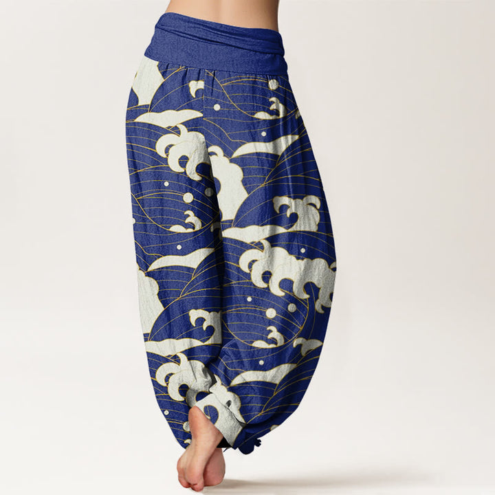 Pantalones bombachos de mujer con cintura elástica, estampado abstracto de ondas y estilo casual en algodón con Buddha Stones . - image 9