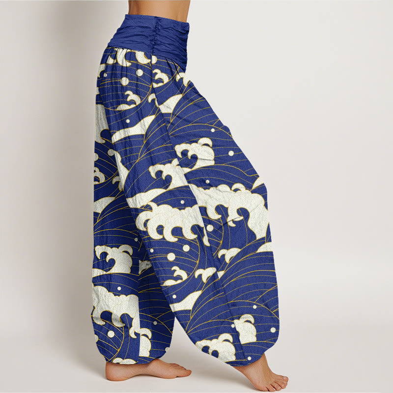 Pantalones bombachos de mujer con cintura elástica, estampado abstracto de ondas y estilo casual en algodón con Buddha Stones . - image 8