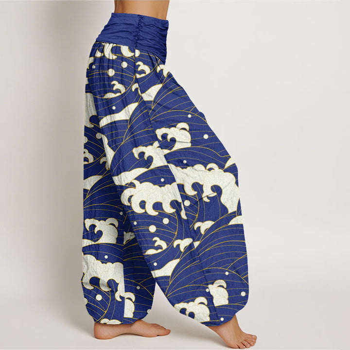 Pantalones bombachos de mujer con cintura elástica, estampado abstracto de ondas y estilo casual en algodón con Buddha Stones . - image 8