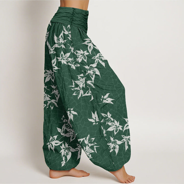 Pantalones bombachos de mujer con cintura elástica, estampado informal de hojas de arce y algodón con Buddha Stones. - image 1