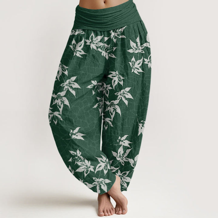 Pantalones bombachos de mujer con cintura elástica, estampado informal de hojas de arce y algodón con Buddha Stones. - Verde oscuro - US22，UK/AU26，EU54 (6XL) - image 0