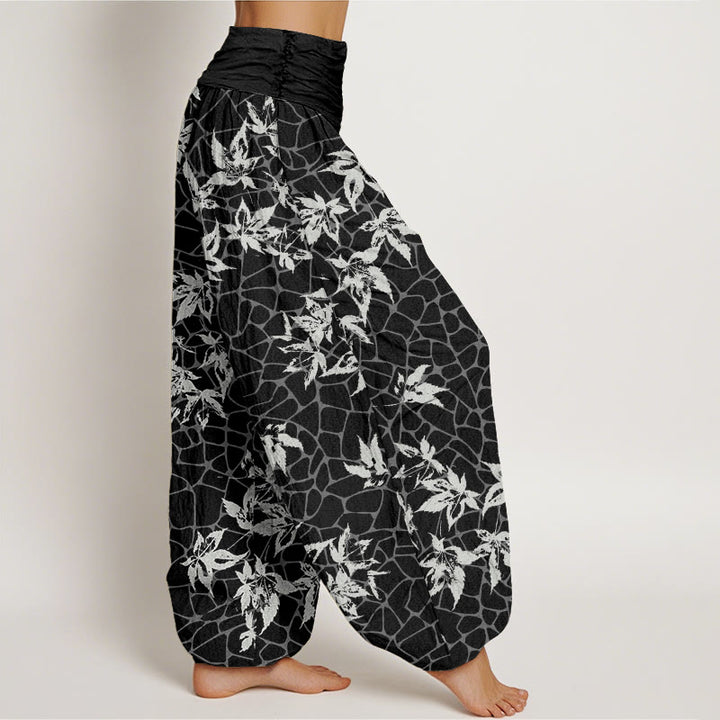 Pantalones bombachos de mujer con cintura elástica, estampado informal de hojas de arce y algodón con Buddha Stones. - image 8