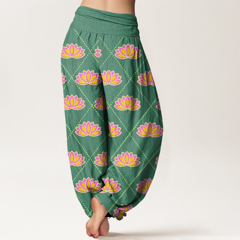 Pantalones bombachos de cintura elástica para mujer, de algodón, estilo informal, con estampado de flor de loto vibrante y estampado de piedras de Buddha Stones. - image 2