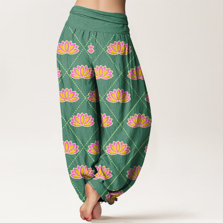 Pantalones bombachos de cintura elástica para mujer, de algodón, estilo informal, con estampado de flor de loto vibrante y estampado de piedras de Buddha Stones. - image 2