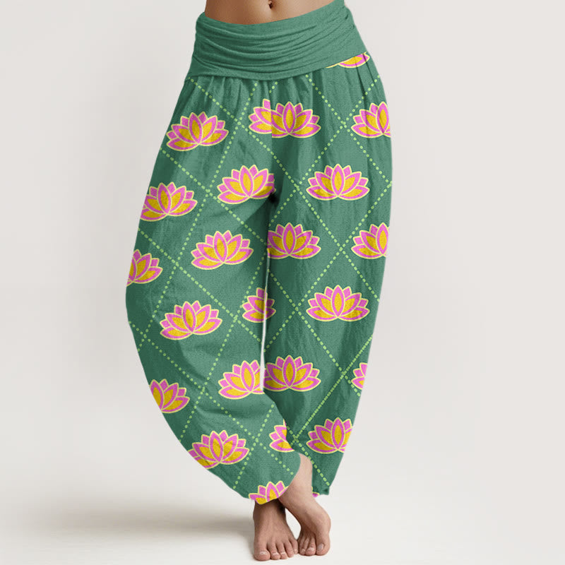 Pantalones bombachos de cintura elástica para mujer, de algodón, estilo informal, con estampado de flor de loto vibrante y estampado de piedras de Buddha Stones. - Verde mar medio - US22，UK/AU26，EU54 (6XL) - image 0
