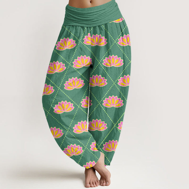 Pantalones bombachos de cintura elástica para mujer, de algodón, estilo informal, con estampado de flor de loto vibrante y estampado de piedras de Buddha Stones. - Verde mar medio - US22，UK/AU26，EU54 (6XL) - image 0
