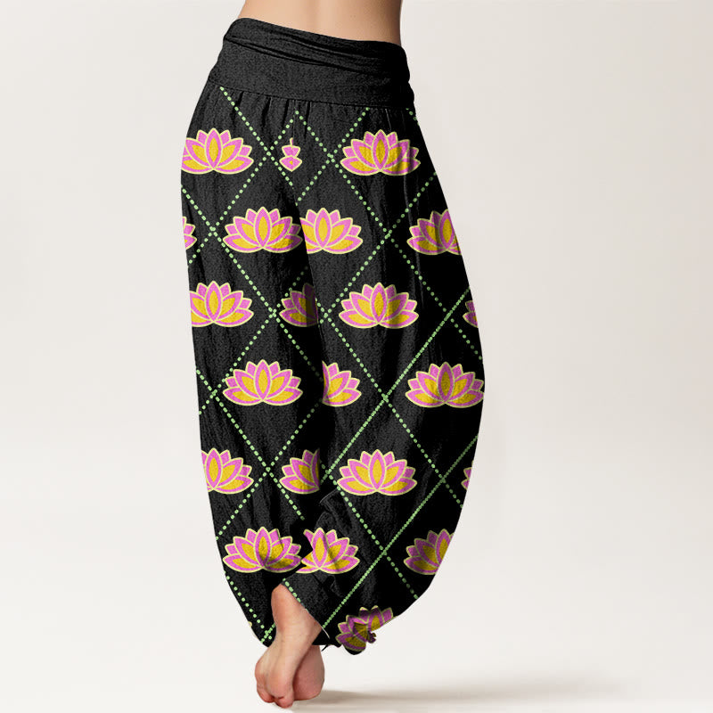 Pantalones bombachos de cintura elástica para mujer, de algodón, estilo informal, con estampado de flor de loto vibrante y estampado de piedras de Buddha Stones. - image 6