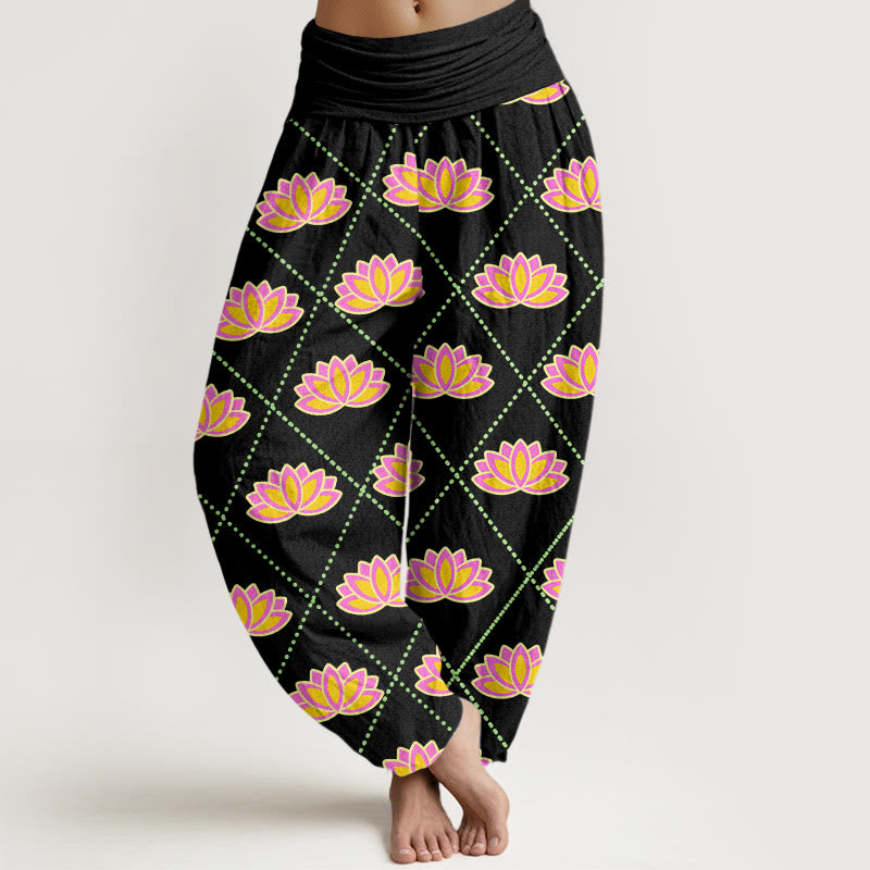 Pantalones bombachos de cintura elástica para mujer, de algodón, estilo informal, con estampado de flor de loto vibrante y estampado de piedras de Buddha Stones. - Negro - US22，UK/AU26，EU54 (6XL) - image 4