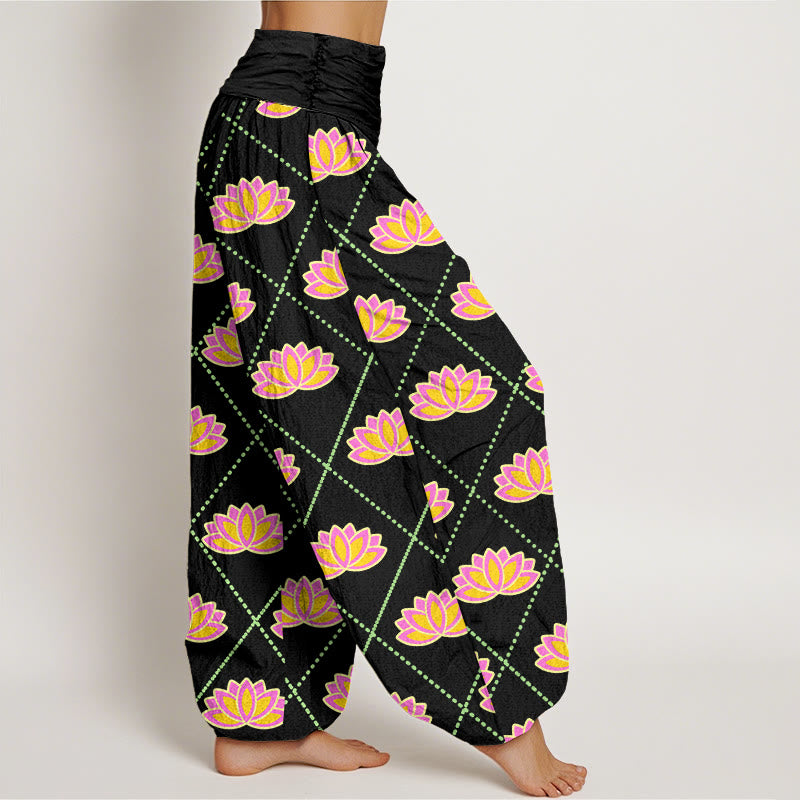 Pantalones bombachos de cintura elástica para mujer, de algodón, estilo informal, con estampado de flor de loto vibrante y estampado de piedras de Buddha Stones. - image 5