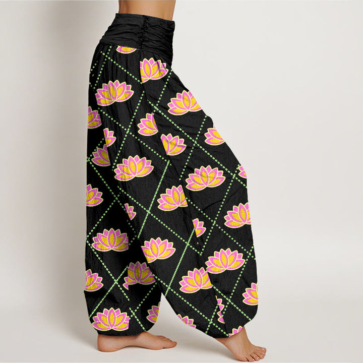 Pantalones bombachos de cintura elástica para mujer, de algodón, estilo informal, con estampado de flor de loto vibrante y estampado de piedras de Buddha Stones. - image 5