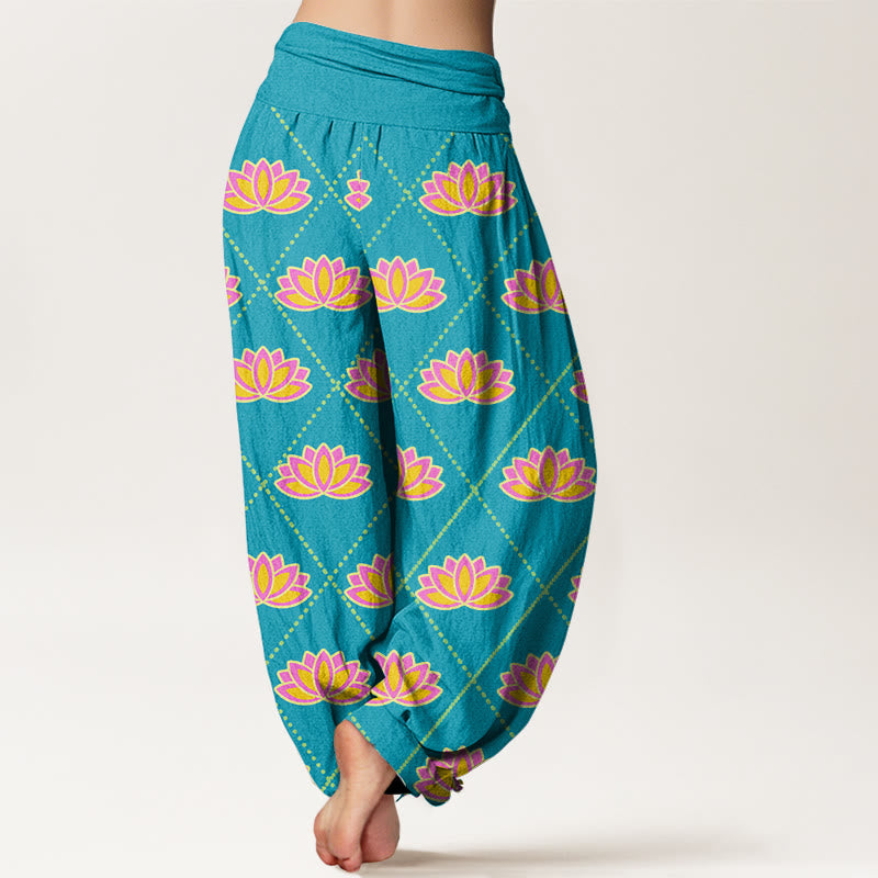 Pantalones bombachos de cintura elástica para mujer, de algodón, estilo informal, con estampado de flor de loto vibrante y estampado de piedras de Buddha Stones. - image 9