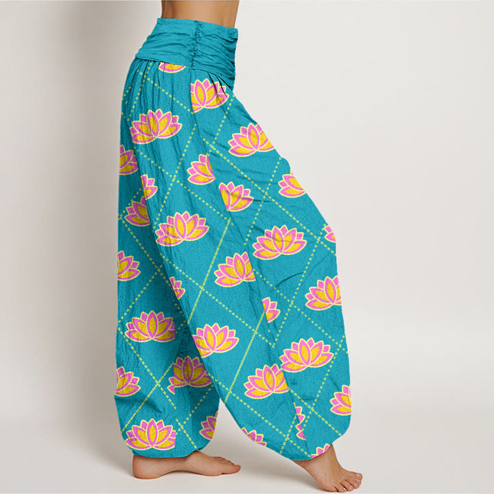 Pantalones bombachos de cintura elástica para mujer, de algodón, estilo informal, con estampado de flor de loto vibrante y estampado de piedras de Buddha Stones. - image 8