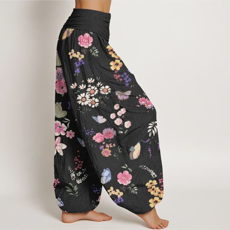 Pantalones tipo harem de cintura elástica para mujer, de algodón, estilo casual, con estampado de flores coloridas y mariposas, de Buddha Stones. - image 1