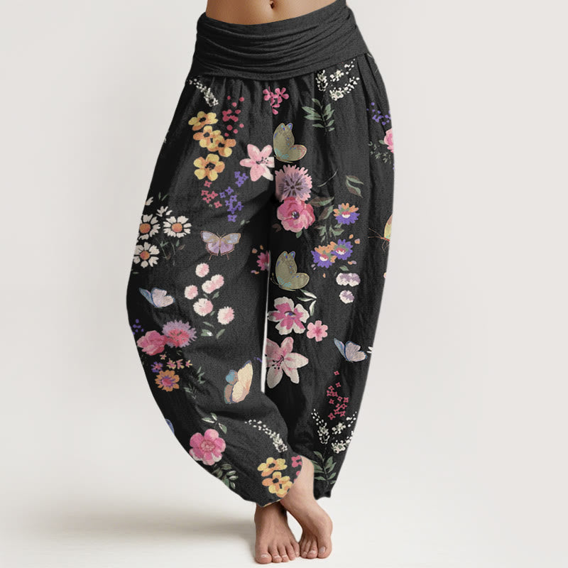 Pantalones tipo harem de cintura elástica para mujer, de algodón, estilo casual, con estampado de flores coloridas y mariposas, de Buddha Stones. - Negro - US22，UK/AU26，EU54 (6XL) - image 0