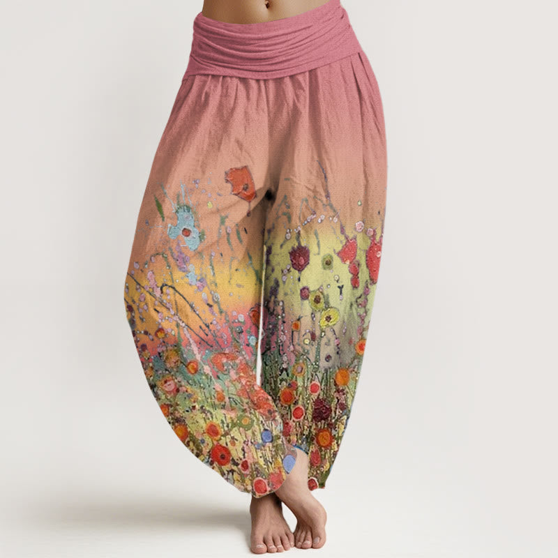 Pantalones bombachos de cintura elástica para mujer, de Buddha Stones , estilo informal, con estampado de flores coloridas y degradado de fondo. - Coral claro - US22，UK/AU26，EU54 (6XL) - image 0