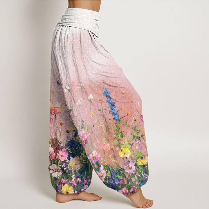 Pantalones bombachos de mujer con cintura elástica, estilo acuarela, estampado floral informal con Buddha Stones, de algodón. - image 1