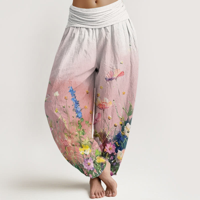 Pantalones bombachos de mujer con cintura elástica, estilo acuarela, estampado floral informal con Buddha Stones, de algodón. - Rosa - US22，UK/AU26，EU54 (6XL) - image 0
