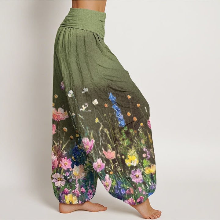 Pantalones bombachos de mujer con cintura elástica, estilo acuarela, estampado floral informal con Buddha Stones, de algodón. - image 5