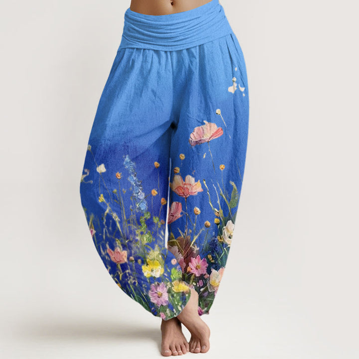 Pantalones bombachos de mujer con cintura elástica, estilo acuarela, estampado floral informal con Buddha Stones, de algodón. - Azul Dodger - US22，UK/AU26，EU54 (6XL) - image 7
