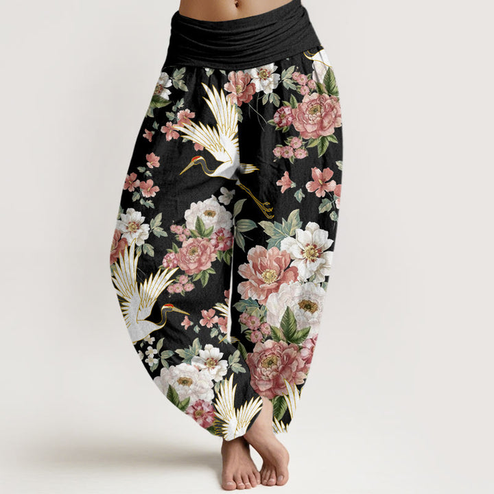 Pantalones bombachos de cintura elástica para mujer, de algodón, estilo casual, con estampado de Buddha Stones y peonías en flor. - Negro - US22，UK/AU26，EU54 (6XL) - image 0