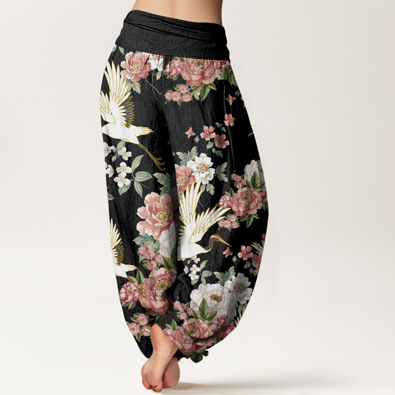 Pantalones bombachos de cintura elástica para mujer, de algodón, estilo casual, con estampado de Buddha Stones y peonías en flor. - image 2