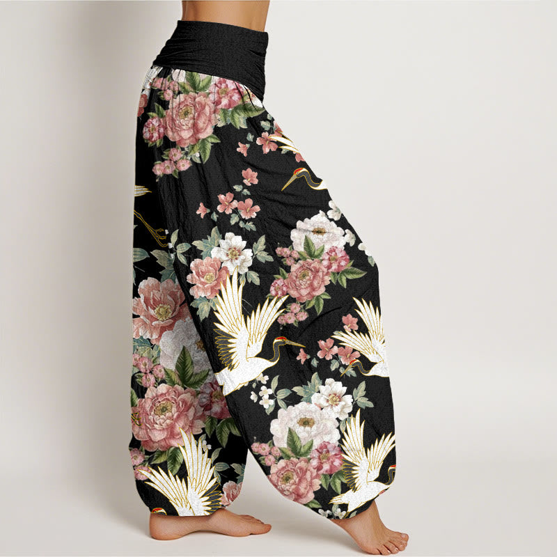 Pantalones bombachos de cintura elástica para mujer, de algodón, estilo casual, con estampado de Buddha Stones y peonías en flor. - image 1