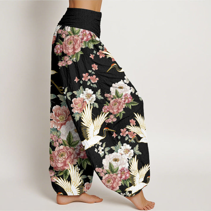 Pantalones bombachos de cintura elástica para mujer, de algodón, estilo casual, con estampado de Buddha Stones y peonías en flor. - image 1