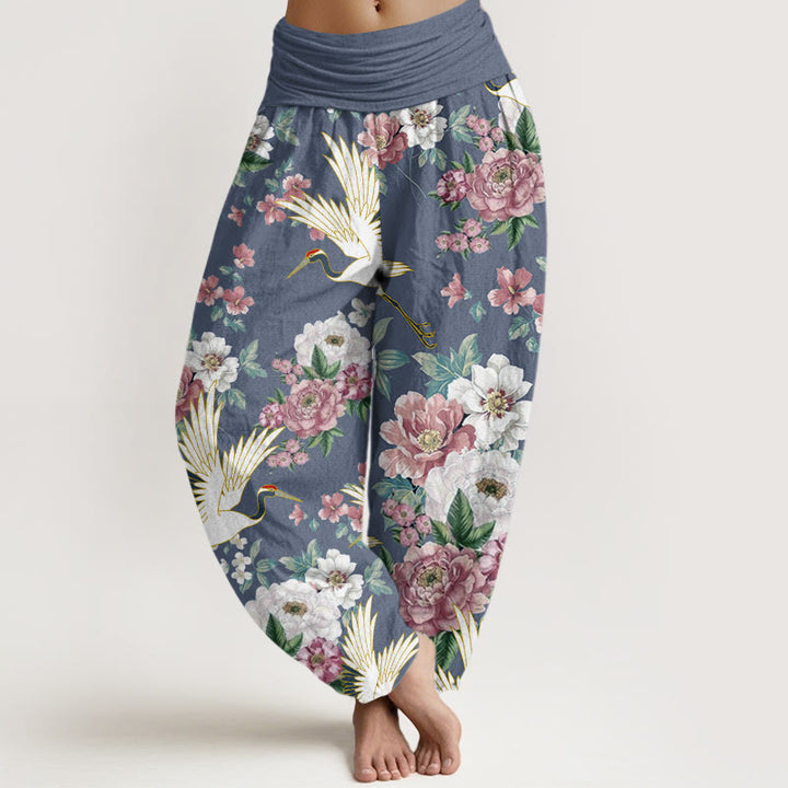 Pantalones bombachos de cintura elástica para mujer, de algodón, estilo casual, con estampado de Buddha Stones y peonías en flor. - Azul aciano - US22，UK/AU26，EU54 (6XL) - image 4