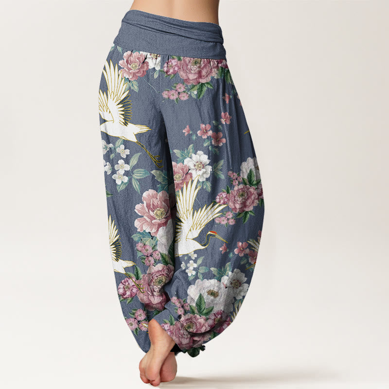 Pantalones bombachos de cintura elástica para mujer, de algodón, estilo casual, con estampado de Buddha Stones y peonías en flor. - image 6