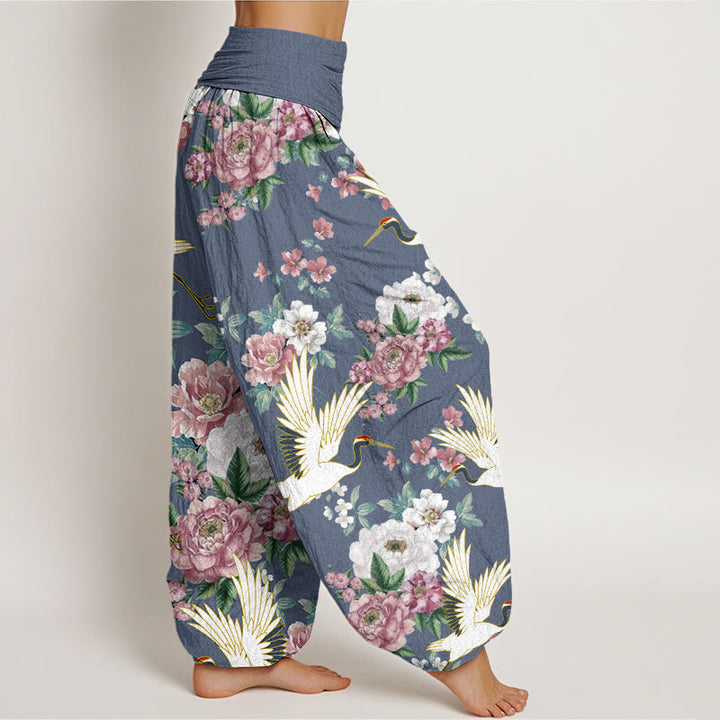 Pantalones harén con cintura elástica para mujer, con estampado de grullas y peonías florecientes de Buddha Stones - image 6