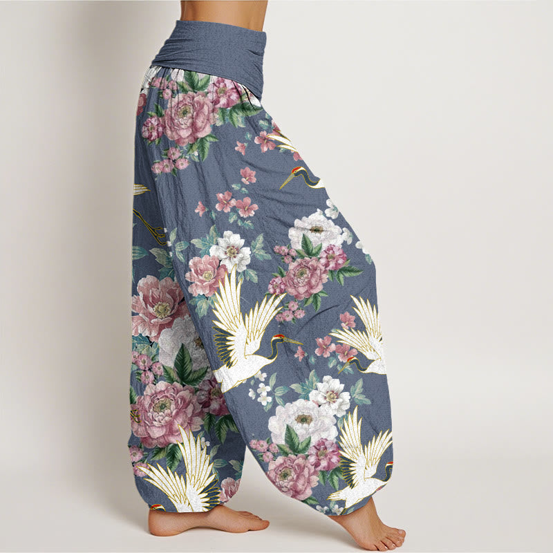 Pantalones bombachos de cintura elástica para mujer, de algodón, estilo casual, con estampado de Buddha Stones y peonías en flor. - image 5