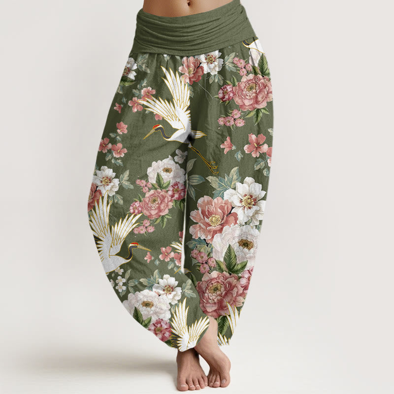 Pantalones bombachos de cintura elástica para mujer, de algodón, estilo casual, con estampado de Buddha Stones y peonías en flor. - Verde oliva - US22，UK/AU26，EU54 (6XL) - image 7