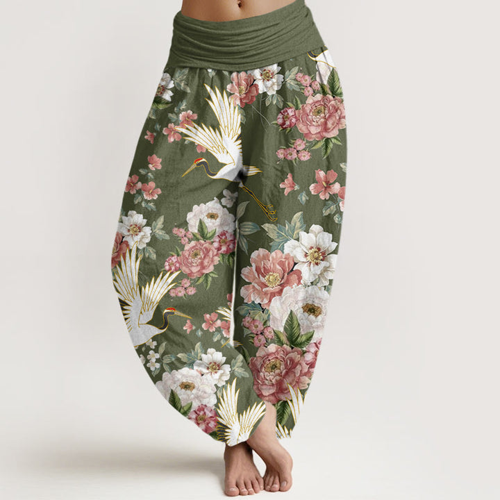 Pantalones bombachos de cintura elástica para mujer, de algodón, estilo casual, con estampado de Buddha Stones y peonías en flor. - Verde oliva - US22，UK/AU26，EU54 (6XL) - image 7