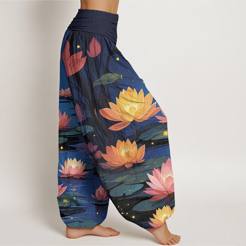 Pantalones bombachos de cintura elástica para mujer, de algodón, estilo casual, con estampado de loto y Buddha Stones, ideales para la noche. - image 1