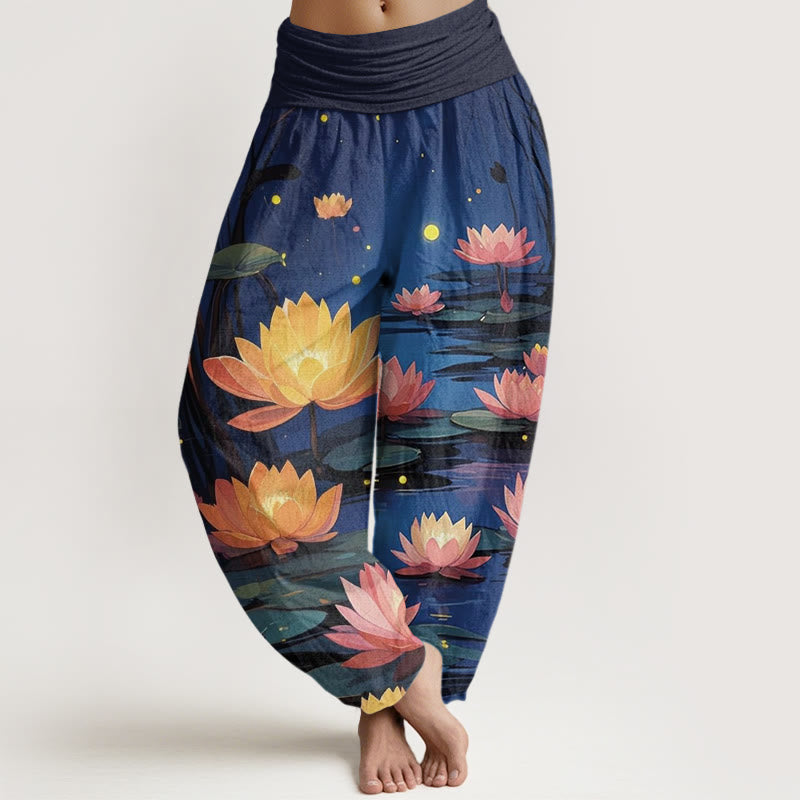 Pantalones bombachos de cintura elástica para mujer, de algodón, estilo casual, con estampado de loto y Buddha Stones, ideales para la noche. - Marina de guerra - US22，UK/AU26，EU54 (6XL) - image 0