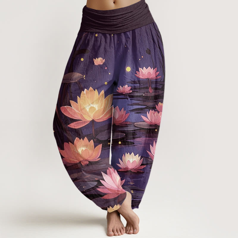 Pantalones bombachos de cintura elástica para mujer, de algodón, estilo casual, con estampado de loto y Buddha Stones, ideales para la noche. - Índigo - US22，UK/AU26，EU54 (6XL) - image 4