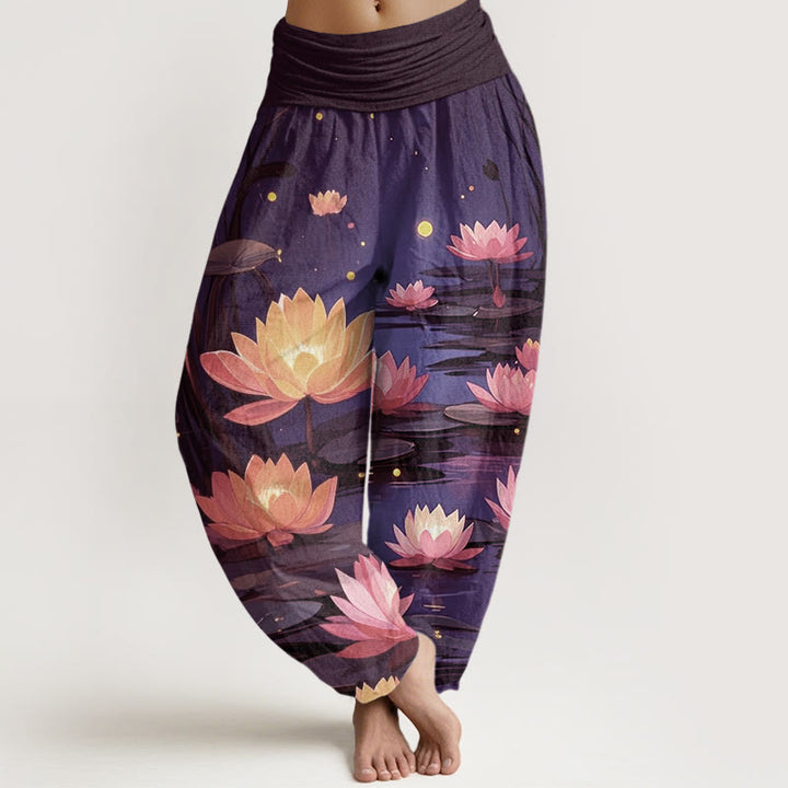 Pantalones bombachos de cintura elástica para mujer, de algodón, estilo casual, con estampado de loto y Buddha Stones, ideales para la noche. - Índigo - US22，UK/AU26，EU54 (6XL) - image 4