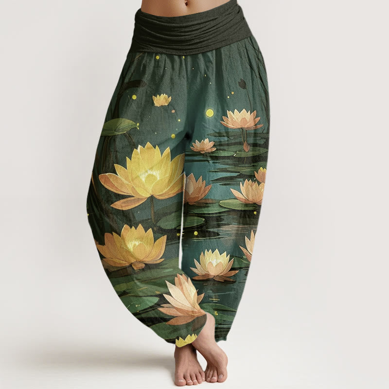 Pantalones bombachos de cintura elástica para mujer, de algodón, estilo casual, con estampado de loto y Buddha Stones, ideales para la noche. - Verde oscuro - US22，UK/AU26，EU54 (6XL) - image 7