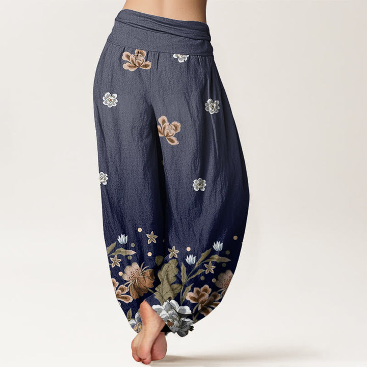 Pantalones bombachos de mujer con cintura elástica, estampado floral informal de algodón con Buddha Stones - image 2